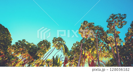 Mediterranean landscape. Foliage on a sunny day. Schefflera trees in the park. Horizontal banner 128036182
