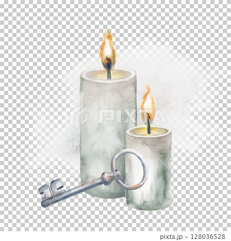 Watercolor composition with burning gray candles and a rusty key on the background of a watercolor stain. The elements are hand-drawn on a white background. Isolated. Mystical illustration for 128036528