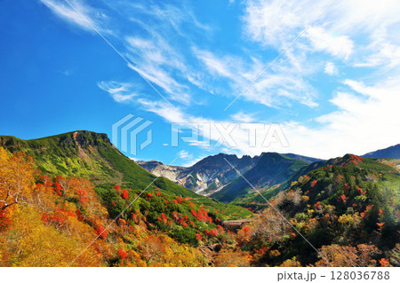 北海道 秋の青空と紅葉の十勝岳 北海道 秋の青空と紅葉の十勝岳 128036788