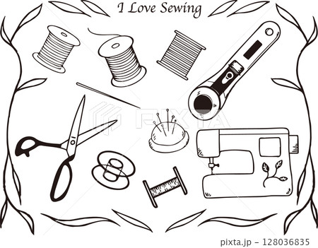 ミシン裁縫で使う道具色々イラストセット 128036835