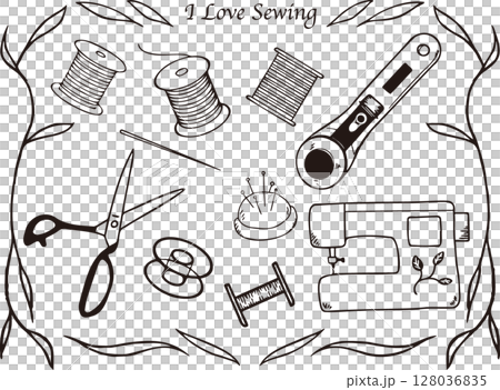 ミシン裁縫で使う道具色々イラストセット 128036835