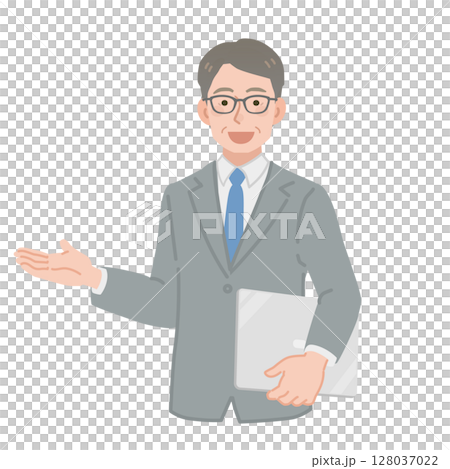 A middle-aged businessman giving directions with a laptop 128037022