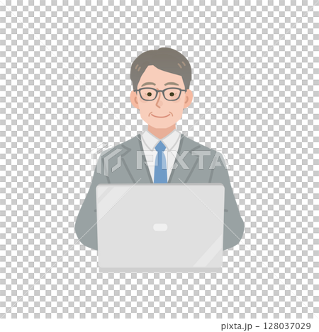 Illustration of a middle-aged businessman using a computer 128037029