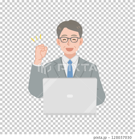 Middle-aged businessman looking at a computer screen and making a fist pump 128037030