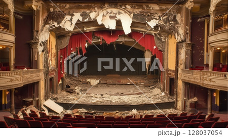 Abandoned Theater Stage Decaying Red Curtains Old Building Interior Ruin worn dark seats empty image 128037054