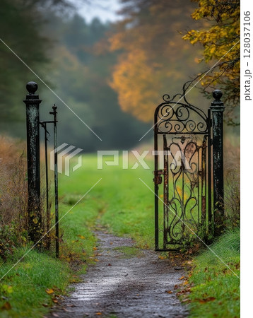 Rustic Iron Gate Autumn Path Landscape...のイラスト素材 [128037106] - PIXTA