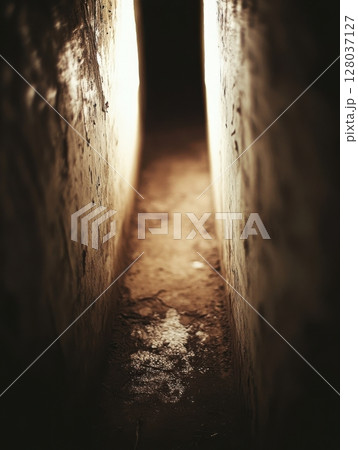 Dark Brown Stone Passage Light Hopeful Path Mysterious art old wall spot beam earth image photo 128037127