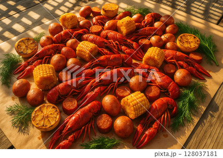 Outdoor Cajun Crawfish Boil Spread with Corn and Potatoes 128037181