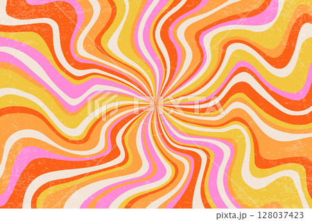 Retro sunburst background with radial spiral rays. Psychedelic wavy 70s summer poster with vintage texture. Radial orange and yellow lines and circular grunge stripes. Vector illustration Retro sunburst background with radial spiral rays. Psychedelic wavy 70s summer poster with vintage texture. Radial orange and yellow lines and circular grunge stripes. Vector illustration 128037423