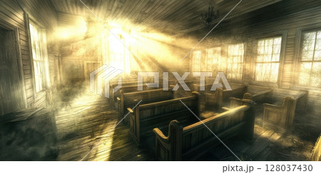Sunbeams Illuminate Rustic Old Church Interior Wooden Pews fog rays dark calm hope dust aged worn 128037430