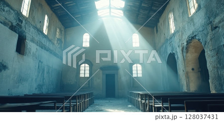 Sunbeams Illuminate Abandoned Church Interior Rustic Wooden Pews Ancient Architecture old ruin dust 128037431