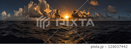 Dramatic Ocean Sunset Golden Cloudscape Seascape Dramatic Sky Stunning View Breathtaking Nature 128037442