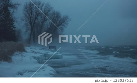 Lonely Bench Winter Seascape Cold Foggy Beach Scene ice icy sky snow view dark blue grey mist calm 128037515