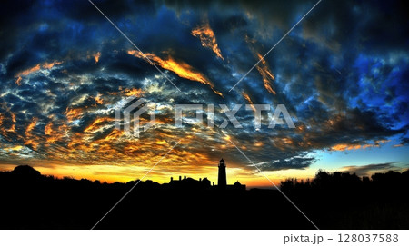 Dramatic Sunset Lighthouse Silhouette Vibrant Sky Cloudscape Coastal Scene sea blue dark view fire 128037588