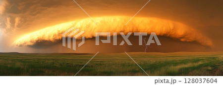 Dramatic Sunset Storm Cloudscape Over Grassland Lightning sky art dark view wild field power vivid 128037604