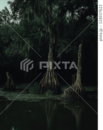 Dark Cypress Trees Swamp Mysterious Nature Moody Atmosphere Night Deep View Roots Water Green Black 128037622