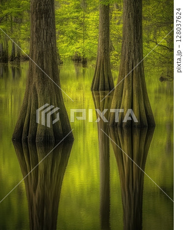 Cypress Trees Spring Reflection Serene Nature Swamp Green Water Art Calm Wood Bark Life Scene Image 128037624