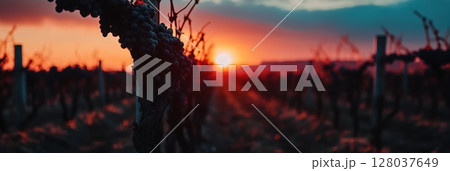 Sunset Vineyard Grapes Autumn Harvest Red Wine Vineyard Landscape sky row food view dark rural drink 128037649