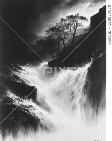 Dramatic Waterfall Landscape Monochrome Trees Nature Dark Grey White art view wild rocks cliff black 128037650