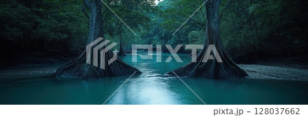 Serene Teal River Mangrove Trees Tranquil Nature Scene Peaceful Lush Tropical Forest Calm Water Dark 128037662