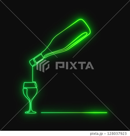 Neon bottle with alcohol.Wine bottle with glass .Continuous one line drawing wine glass . illustration . 128037923