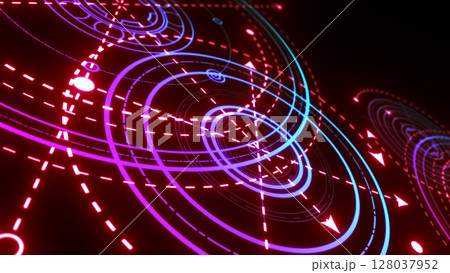 Neon geometric circles.Rotating gear.HUD element.Technical engineering banner.3D illustration. 128037952