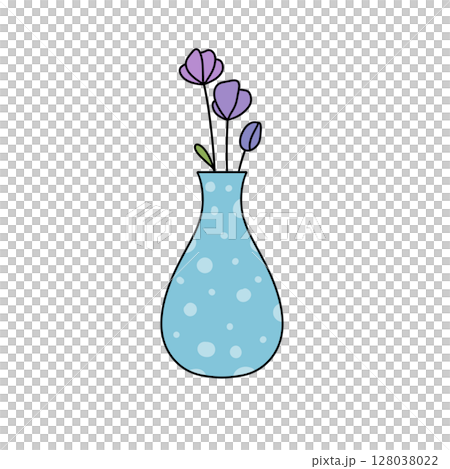 A blue vase with purple flowers in it A blue vase with purple flowers in it 128038022