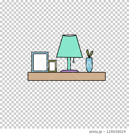 A shelf with a lamp, vase, and picture frames 128038024