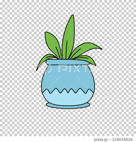 A blue vase with a green plant inside 128038026