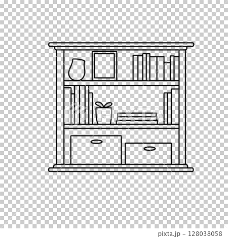 A white bookshelf with a few books and a potted plant on top 128038058