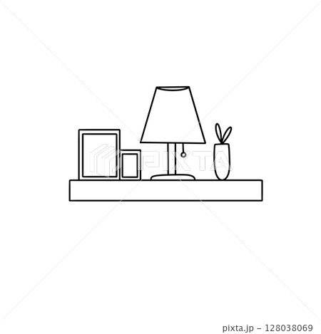 A shelf with a lamp, a vase, and a picture frame A shelf with a lamp, a vase, and a picture frame 128038069