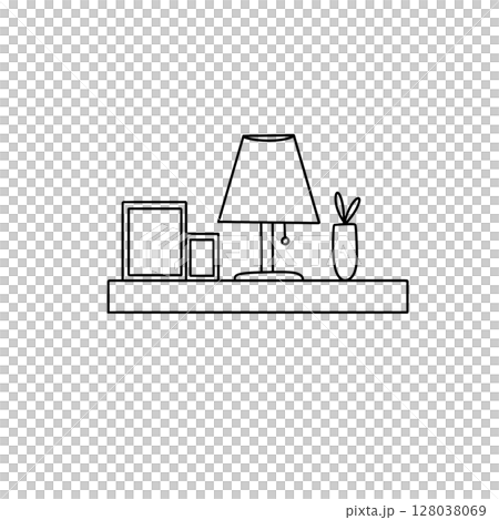 A shelf with a lamp, a vase, and a picture frame A shelf with a lamp, a vase, and a picture frame 128038069