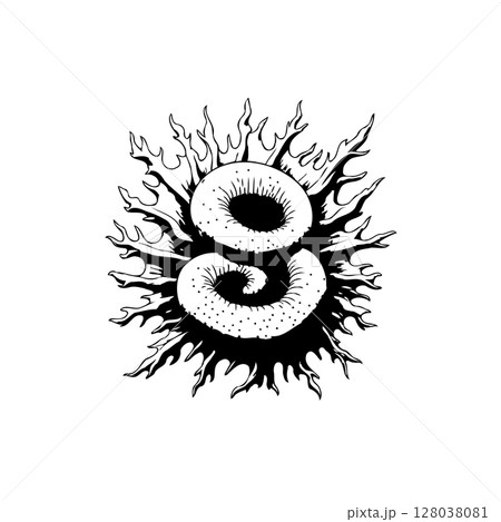 Monochrome line art drawing of an abstract shell design with surrounding bursts 128038081