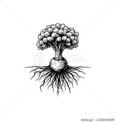 Abstract conceptual illustration: Tree with fruit, root system, and a bulb-like base 128038089