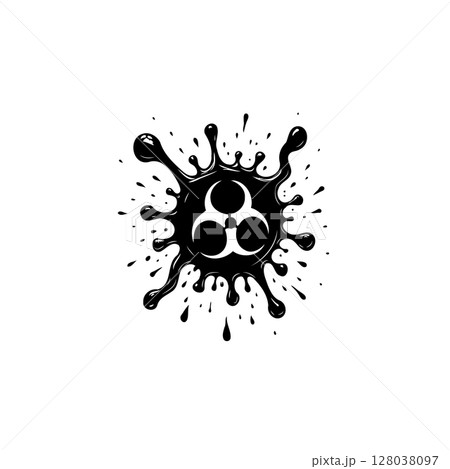 Biohazard symbol amidst black liquid splash conveying risk and contamination 128038097