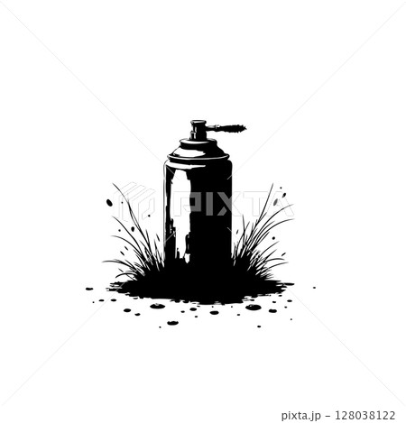 Aerosol spray can illustration in black and white, simple graphic design aesthetic 128038122