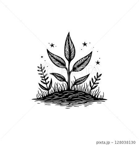 Illustrative growth: a black and white depiction of new life emerging from soil 128038130
