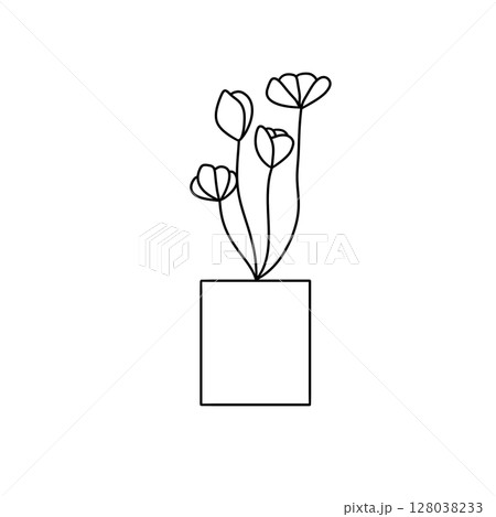 A white flower pot with a black outline of a flower A white flower pot with a black outline of a flower 128038233