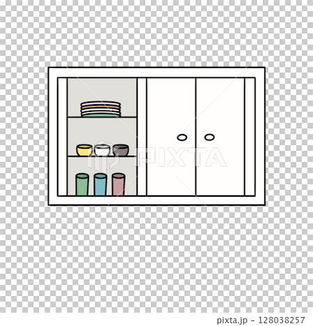 A white cabinet with a shelf full of dishes and cups 128038257