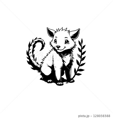 Adorable Fox Cub Illustration with Delicate Floral Accents in Minimalist Design 128038388