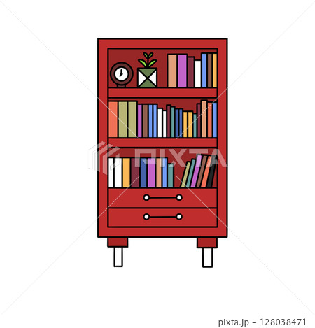 A red bookcase with a clock on top and a potted plant on the left side 128038471