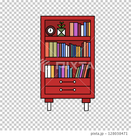 A red bookcase with a clock on top and a potted plant on the left side 128038471