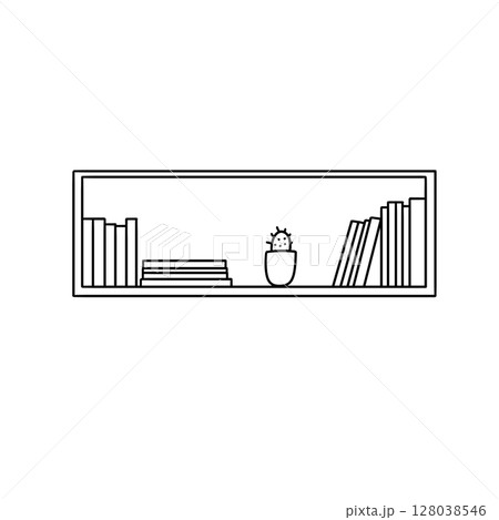 A shelf with a cactus and books on it 128038546