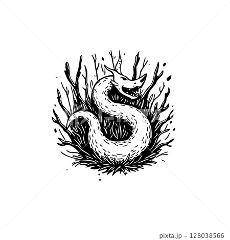 Mystical serpent among branches in a minimalist black and white illustration 128038566