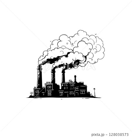 Monochrome illustration of industrial factory emitting smoke into the atmosphere 128038573
