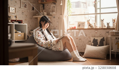 たくさんの猫グッズで飾られた部屋でリラックスする女の子 128038608