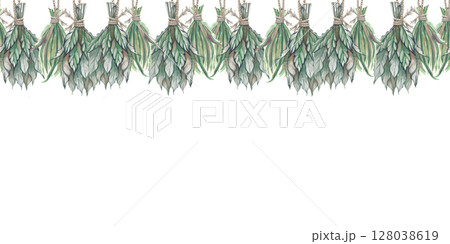 Seamless horizontal frame with hanging dry bundles and grass on a rope. Watercolor illustration on a white background. A template with an empty place to insert. The herbalist. The witch. 128038619