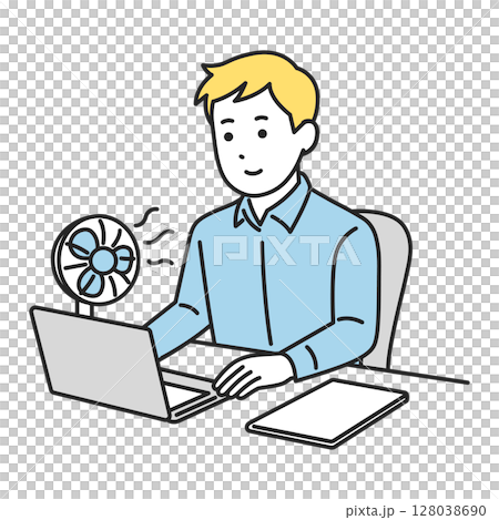 Man working at his desk with a fan (in a summer office) Man working at his desk with a fan (in a summer office) 128038690