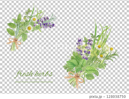 天然草本花束的水彩卡通畫 128038750