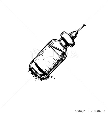Vintage medical illustration of a vial with needle, hand-drawn sketch style 128038763